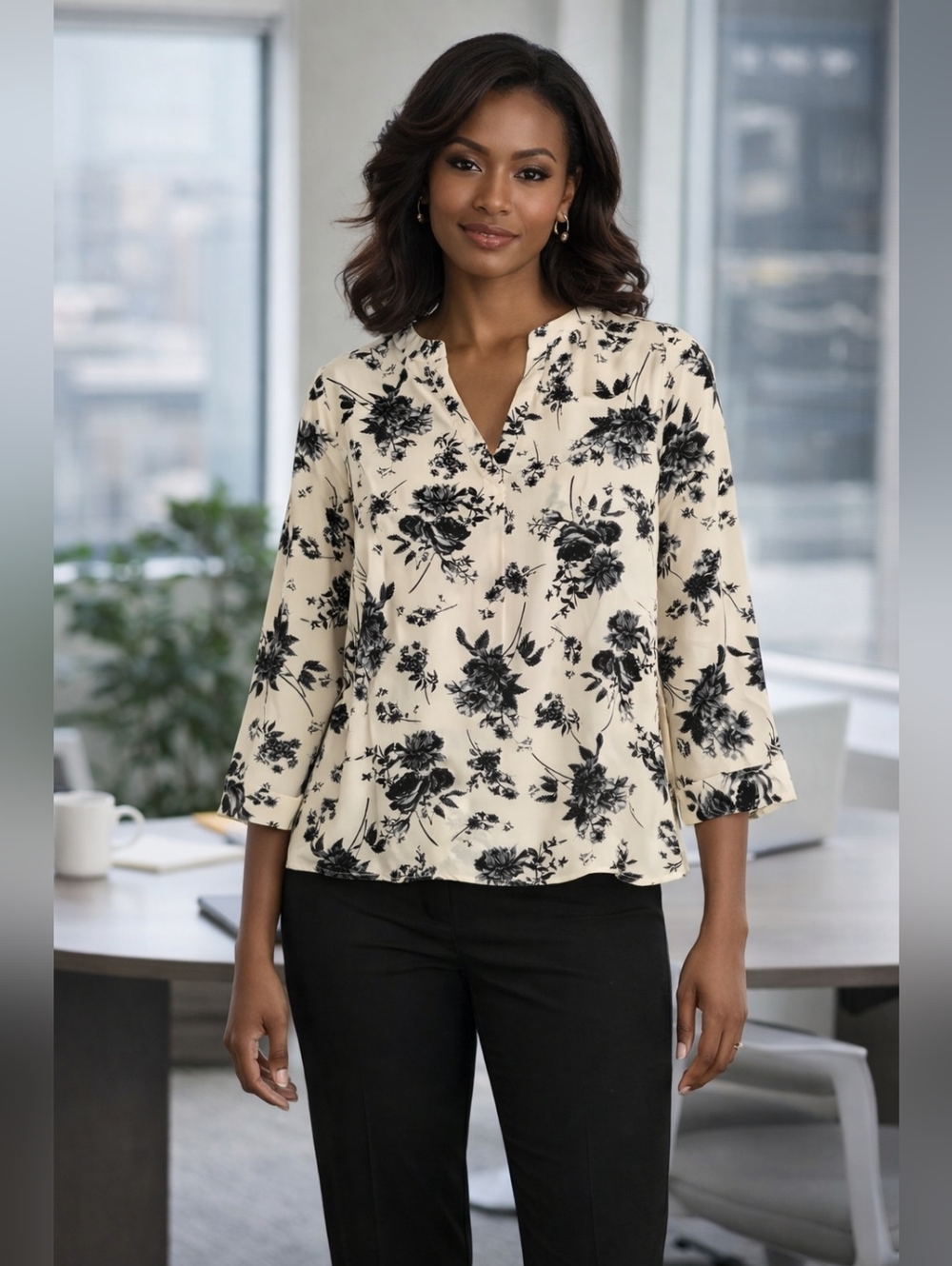 Cream Floral Split-Neck Blouse